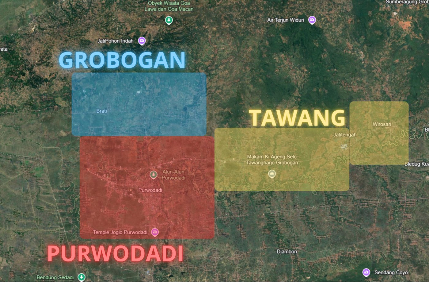 Peta area jangkauan layanan Satset.net: Purwodadi, Grobogan, dan Tawang